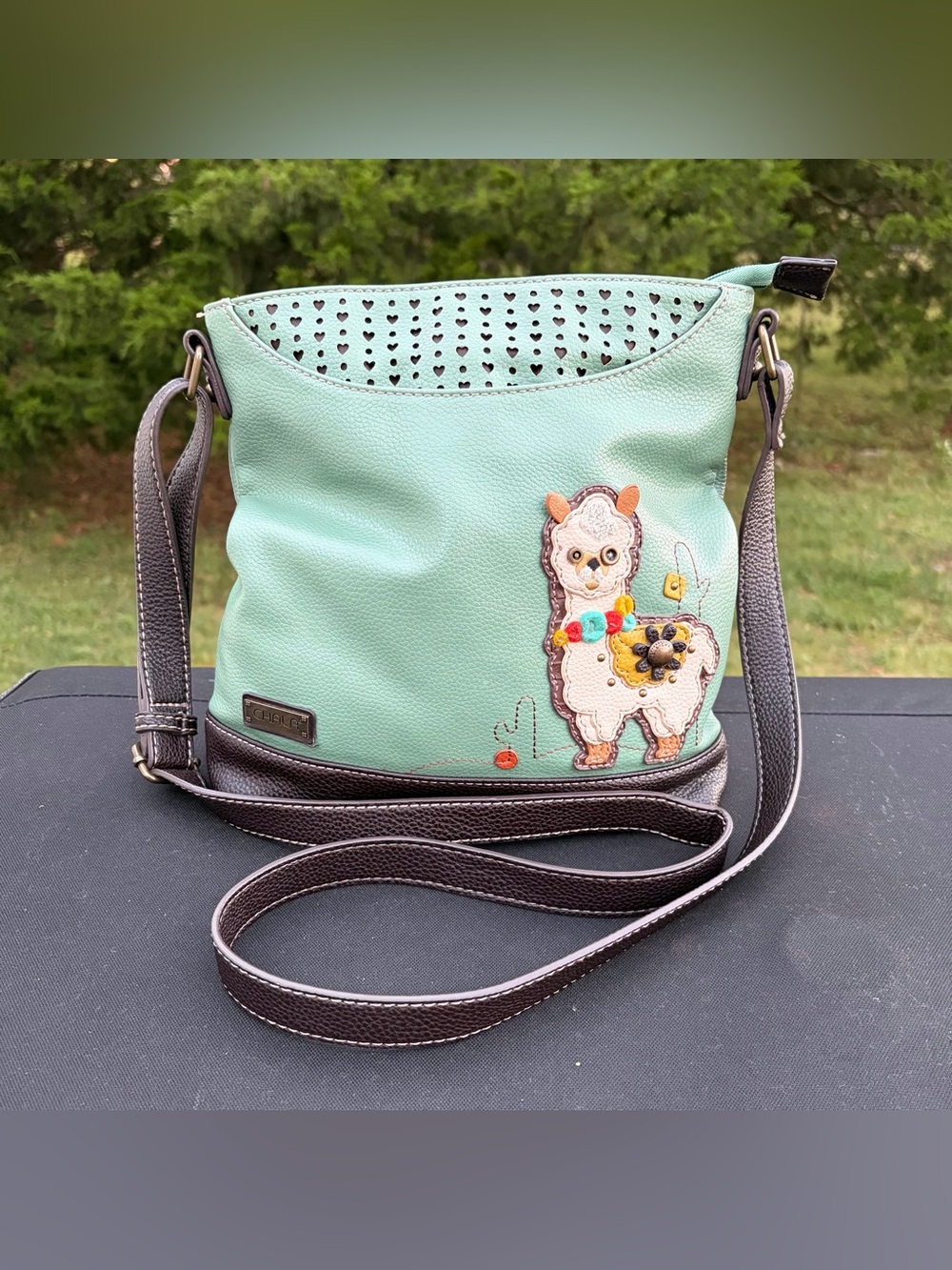 Chala Sweet Messenger Llama Crossbody Bag Teal Faux Leather Whimsical Purse